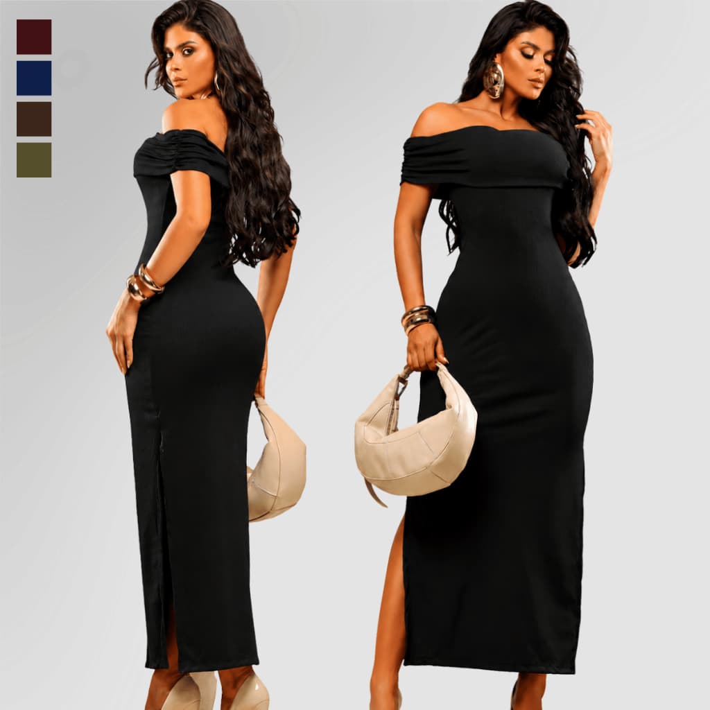 Vestido Feminino Longo Estiloso Ombro a Ombro Vestido Elegante Fenda Lateral