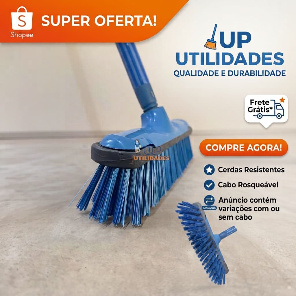 Vassoura esfregão plus com cerdas duras - opção de compra com cabo madeira 1,2 mts ou sem cabo(envio de cores aleatório)