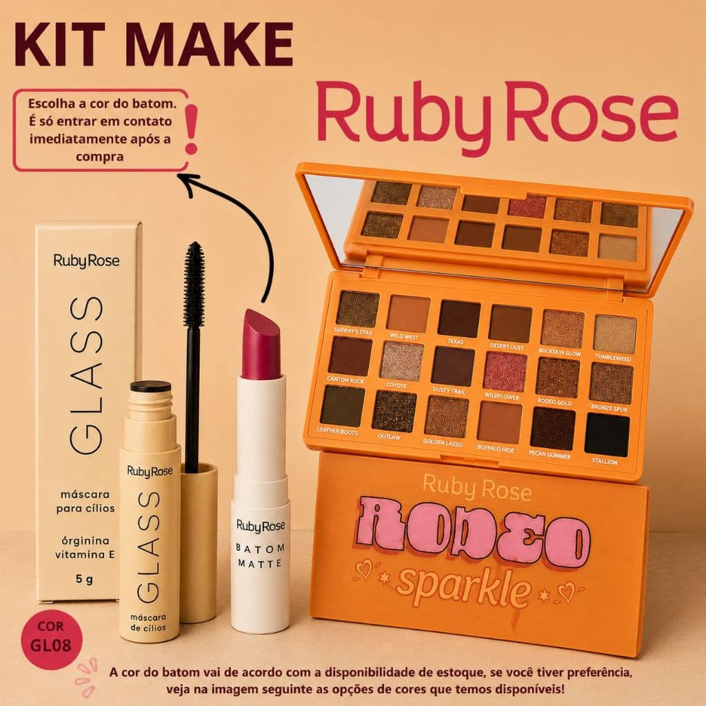 Kit Make Completa Profissional Ruby Rose Paleta 18 cores + Batom Matte + Máscara Cílios