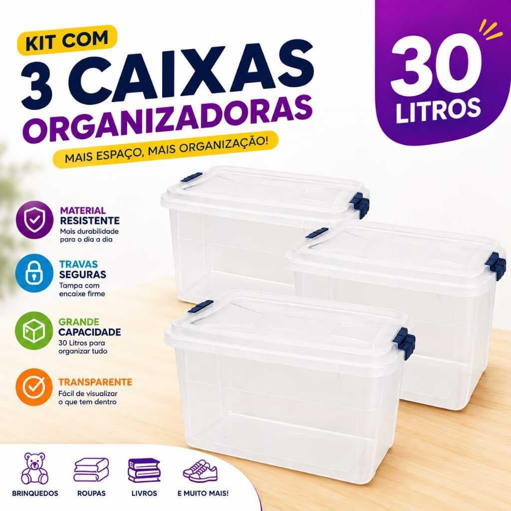 Kit Com 3 Organizador Caixa Organizadora 30 Litros Transparente Com Tampa Travas Caixa Organizadora