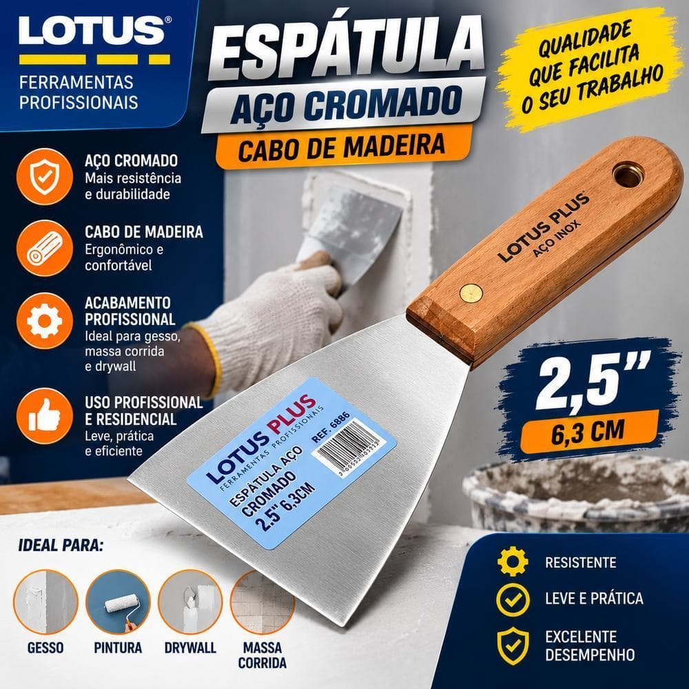 ESPÁTULA AÇO CROMADO 2,5" COM CABO DE MADEIRA | 6865