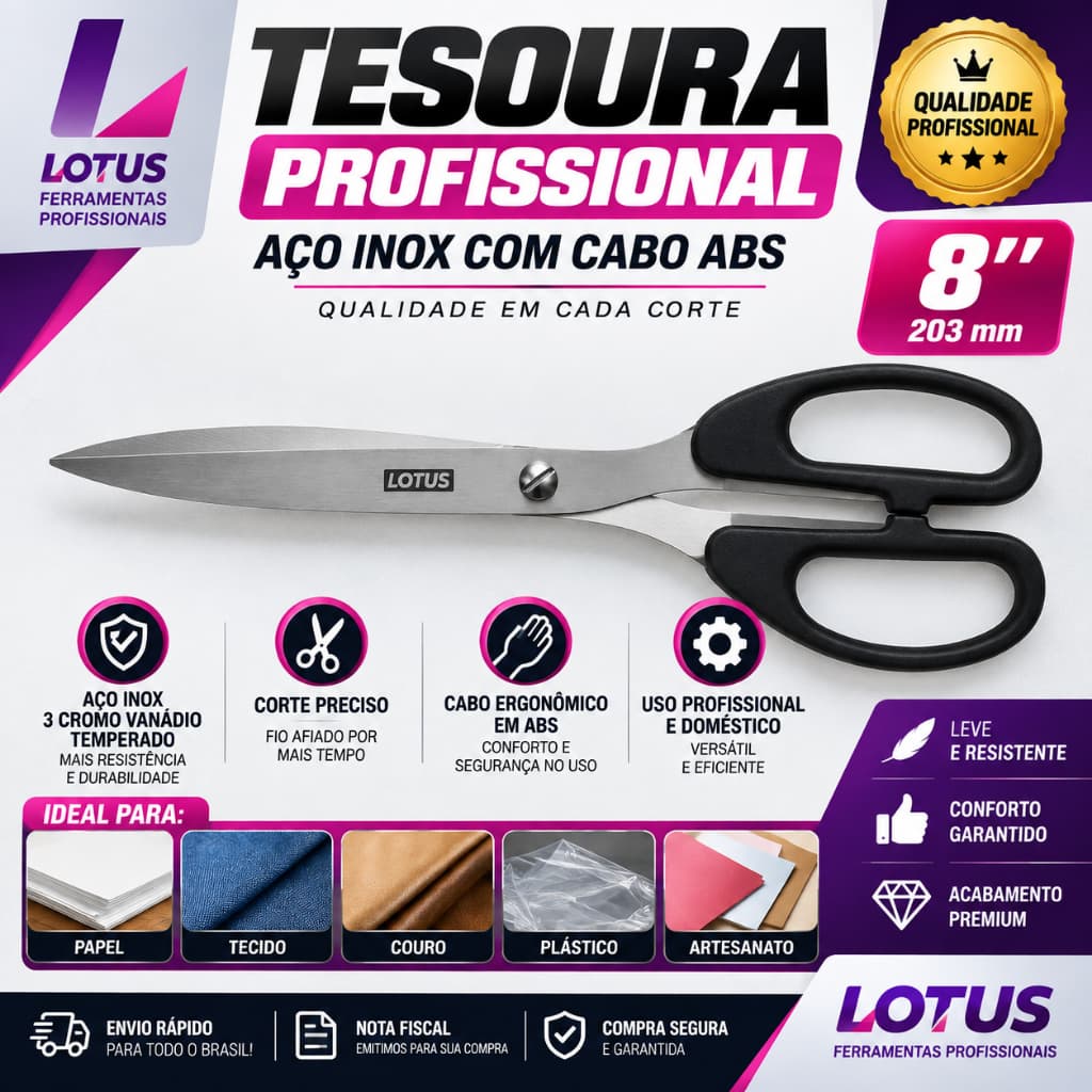 Tesoura Profissional 8” em Aço Inox com Cabo ABS | Lotus 2268