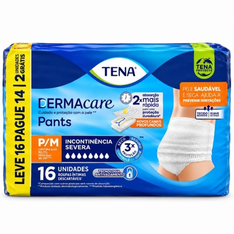 Roupa Íntima Descartável Tena Dermacare Pants Tam. P/M 16 Unidades - Fralda