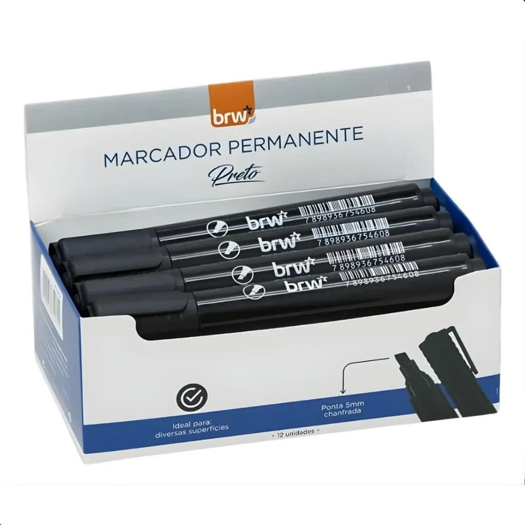 Pincel Atômico Marcador Permanente Preto Brw 12 Unidades