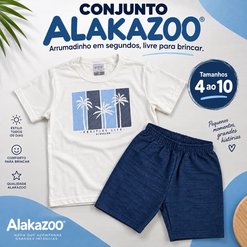 Conjunto Infantil Menino Alakazoo Camiseta Estampada + Bermuda Azul Tamanho 4 ao 10