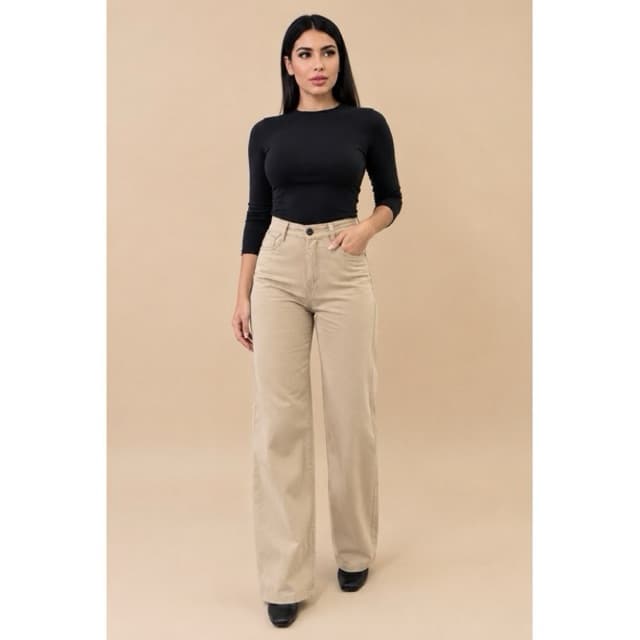Calça Feminina Wide Leg Bege Pantalona Cintura Alta Casual Conforto Estilosa