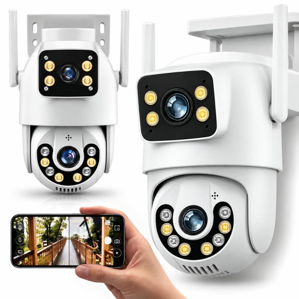 Câmera de Segurança WiFi PTZ 360° Dupla Lente Detecção de Movimento IP66
