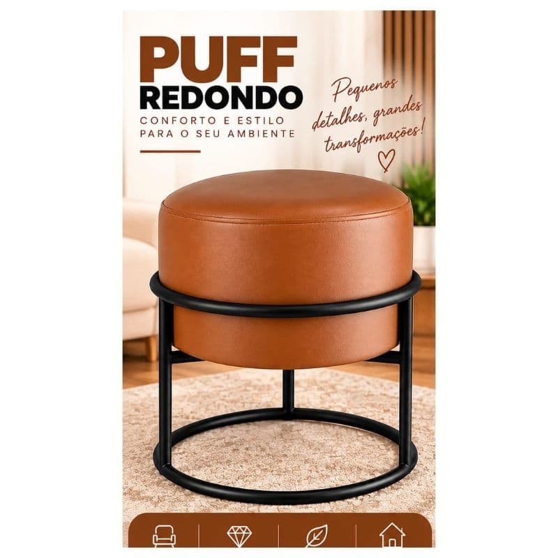 Puff Redondo Decorativo em Couro com pés  de Ferro 48x35cm -Assento para os pés