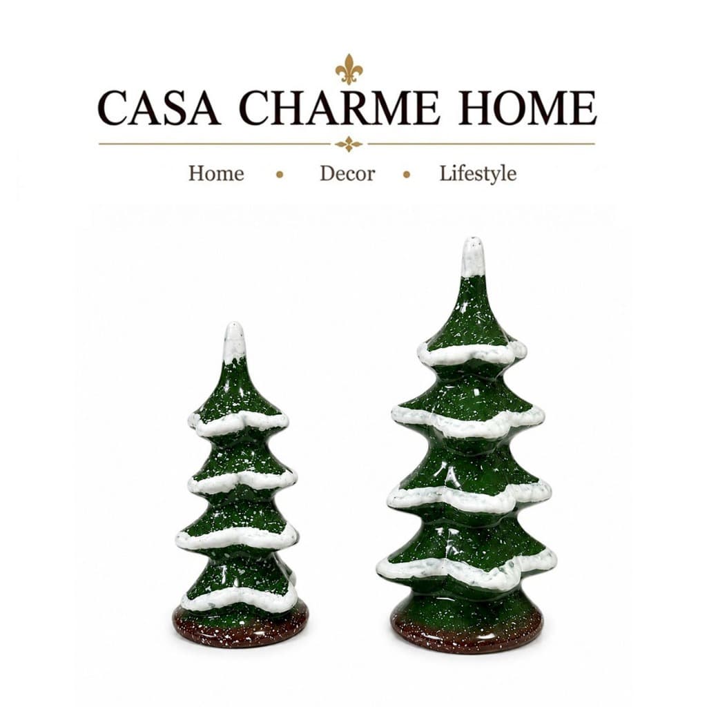Kit 2 Árvores de Cerâmica Pintadas à Mão Decoração de Natal Pequena e Média