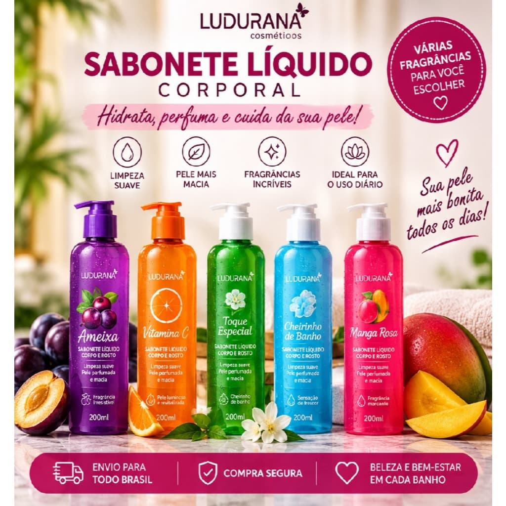 Sabonete Líquido Corporal Ludurana 200ml – Ameixa, Manga Rosa, Vitamina C e Cheirinho de Banho