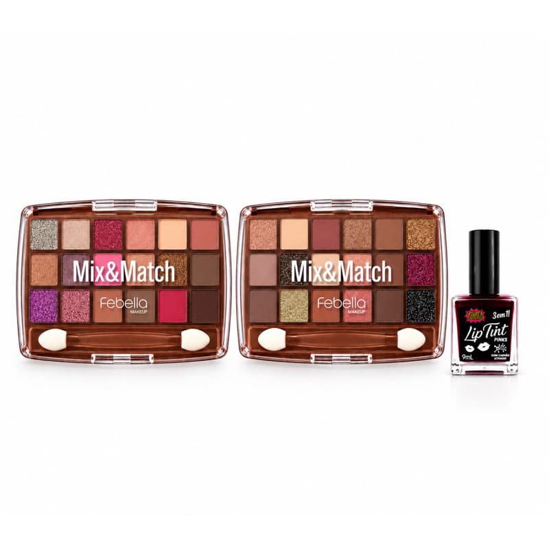 Kit Paleta de Sombras Febella Mix&Match + Lip Tint Pinks 3 em 1 9ml + Brinde