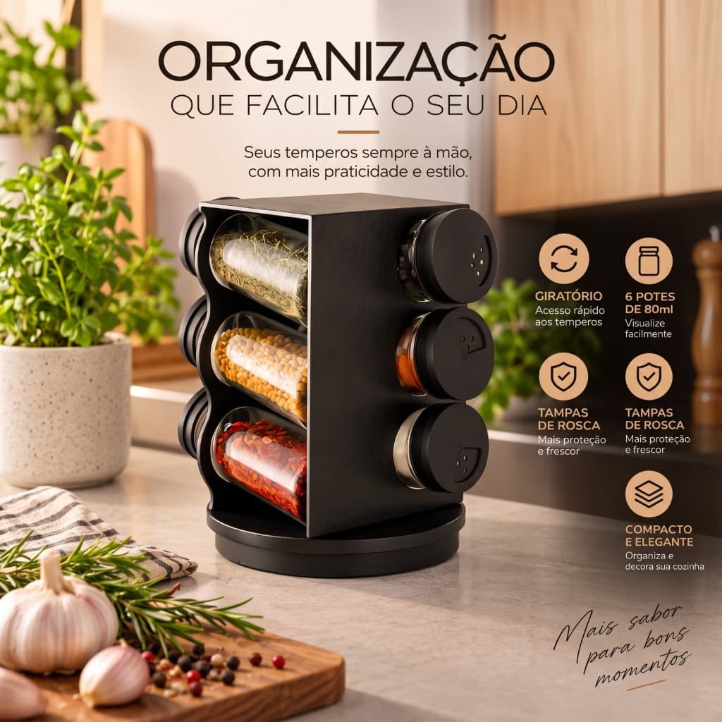 Porta Temperos Giratório 6 Potes 80ml Organizador Cozinha