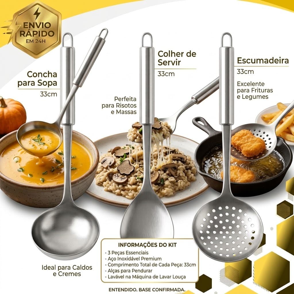 Kit Utensílios de Cozinha Aço Inox 3 Peças 32cm Colher de Arroz Concha Feijão Escumadeira Servir