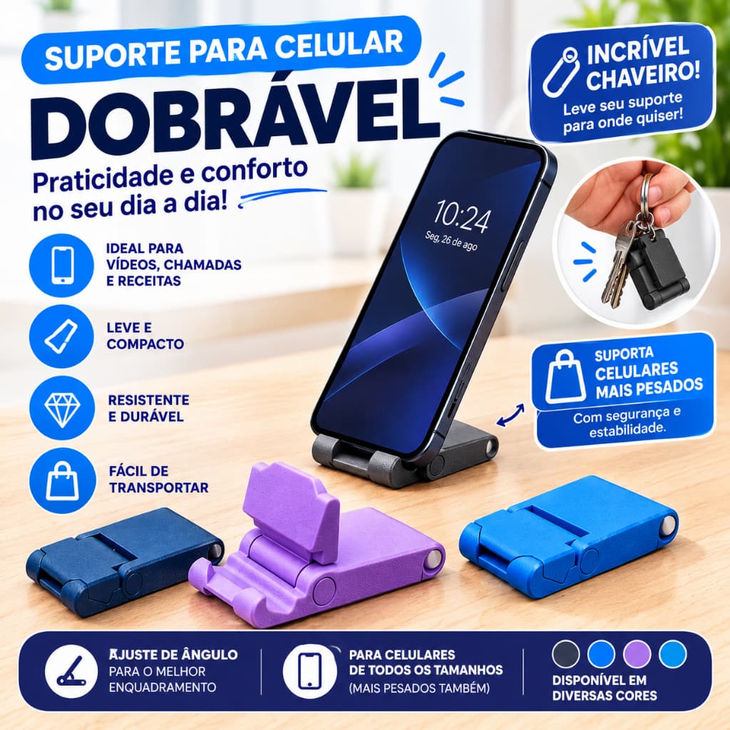 Suporte Para Celular Dobrável Chaveiro Portátil 3D Ajustável