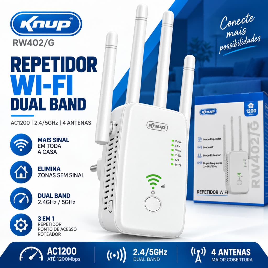 Repetidor Wi-Fi Knup RW402/G Dual Band AC1200 Modo AP Roteador 4 Antenas