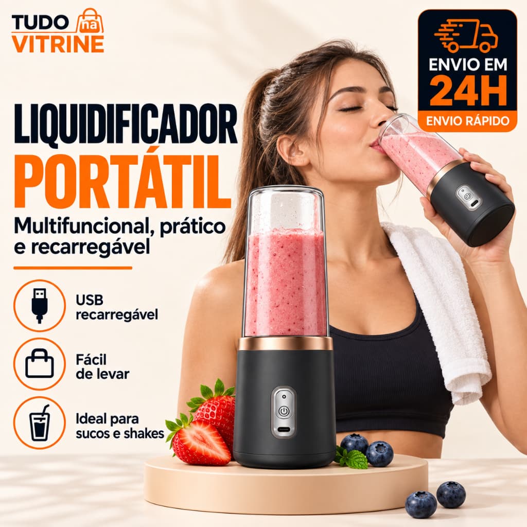 Liquidificador Portátil Recarregável USB 6 Lâminas Compacto Para Suco 500mL