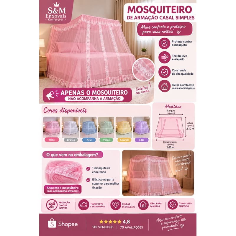 🛏️ Mosquiteiro de Armação Casal Simples (Apenas o mosquiteiro)– Renda Volta ao Mundo• Envio Rápido✅🚚