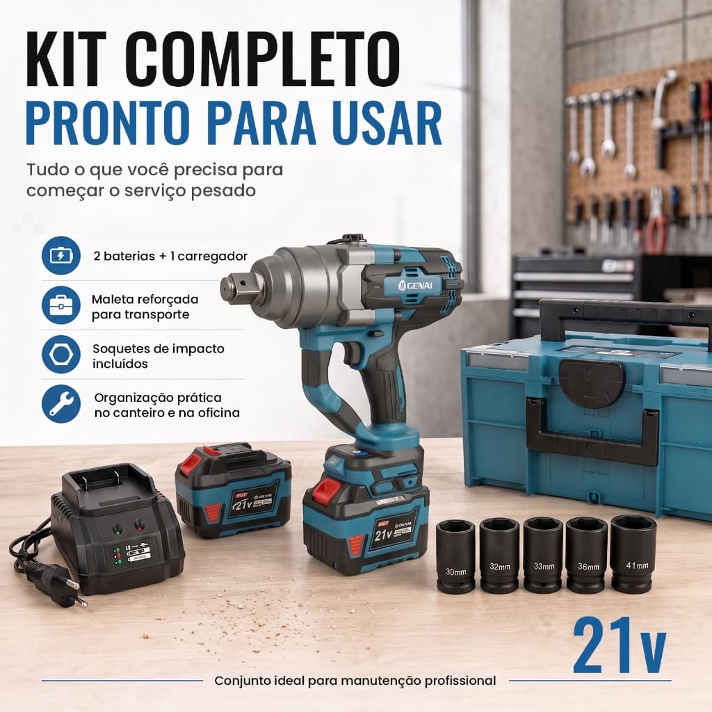 Chave de Impacto 21V 2000Nm/3000Nm Motor Sem Escova - Kit com 2 Baterias e Maleta
