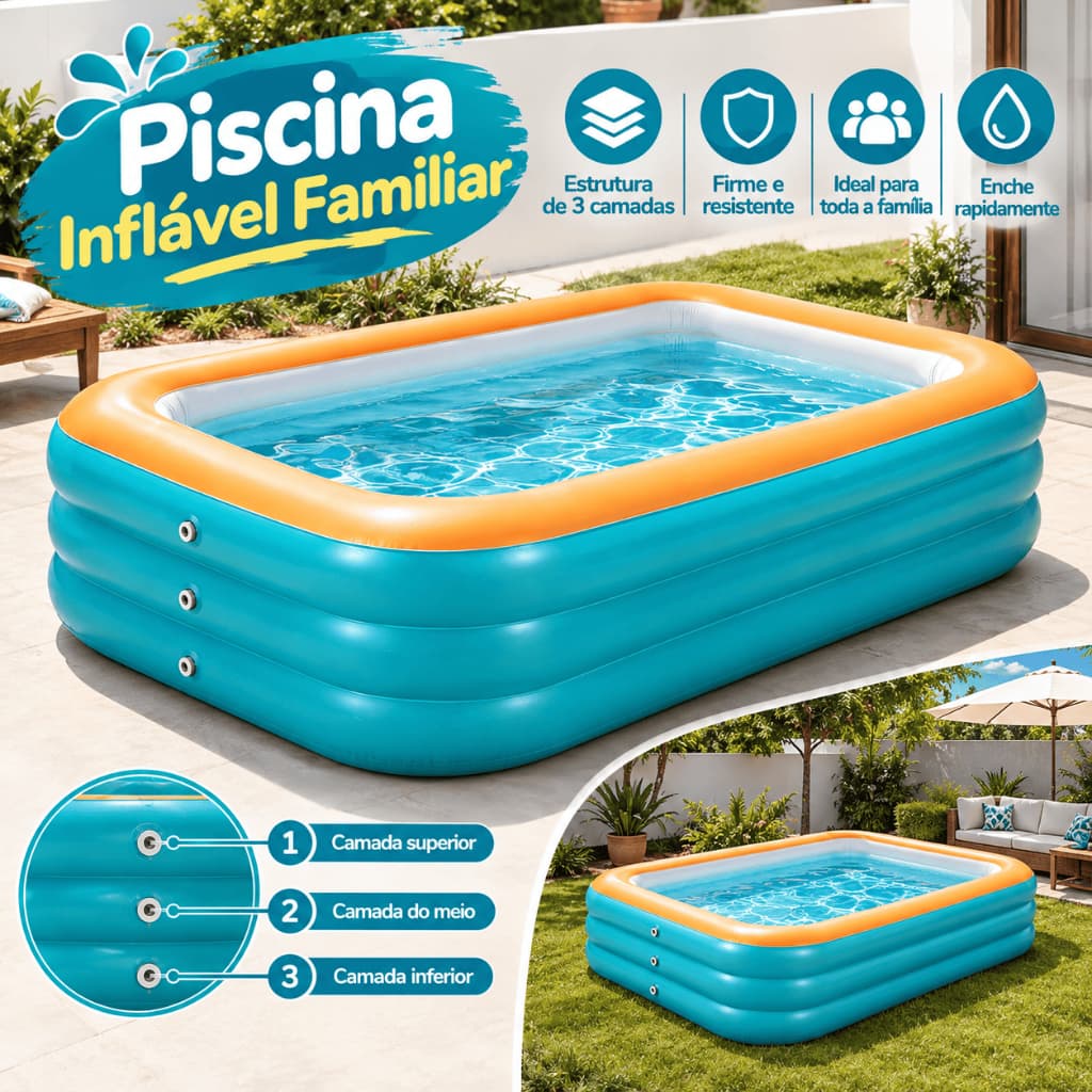 Piscina inflável de PVC reforçado com 3 metros para uso doméstico, montagem rápida.