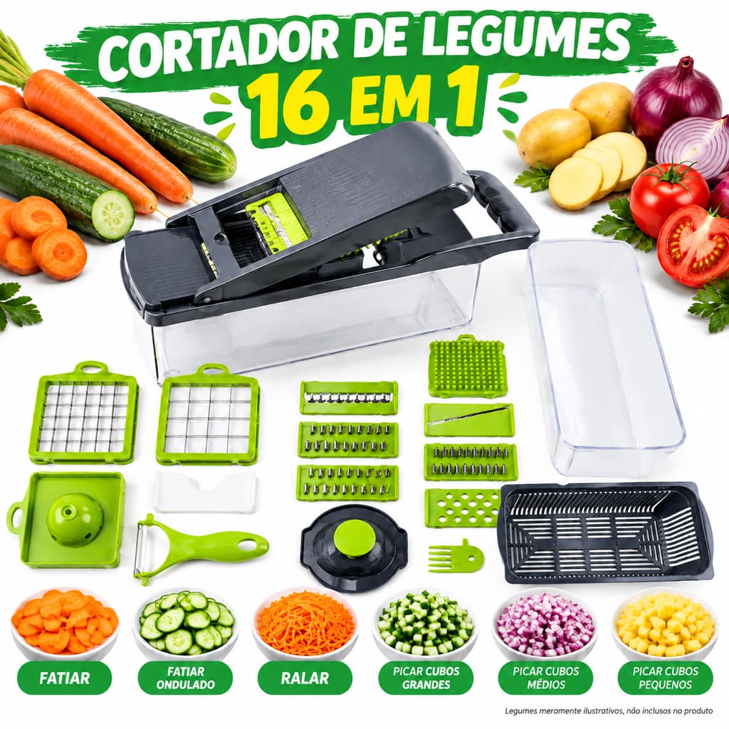 Cortador Mandolina 16 em 1 Multiuso para Legumes Ralador Fatiador com Proteção para Mãos e Caixa Coletora