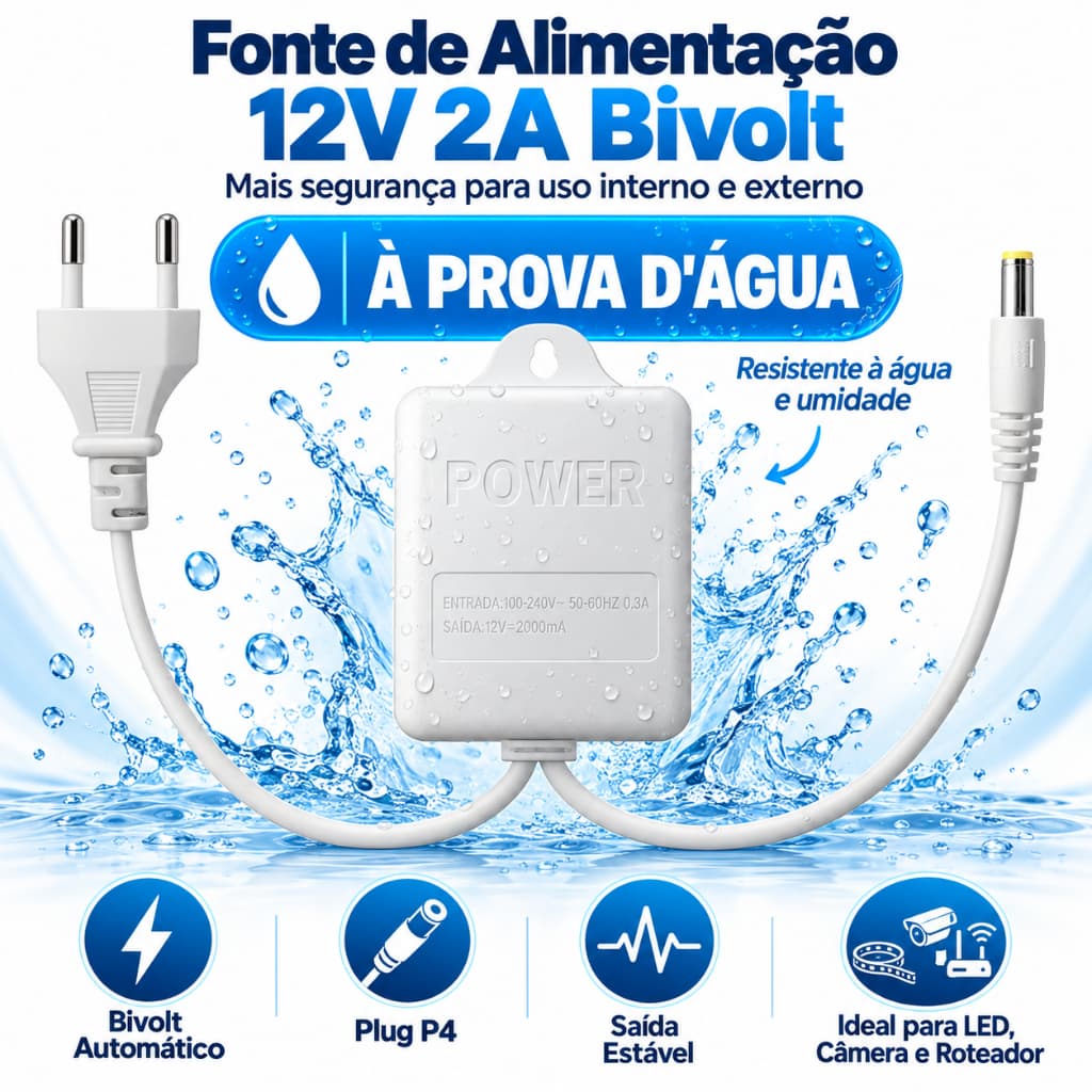 Adaptador Fonte 12V 2000mA Bivolt, Fonte DC para Câmera IP, Roteador e Fitas LED