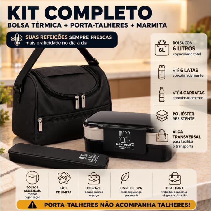 Kit Completão Bolsa Térmica + Marmita 1100ml ou 950ml + Porta Talher Jacki com Alça Dupla Academia