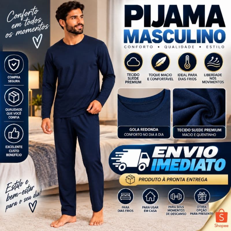 Pijama Masculino Frio Pijama Tecido Suede Pijama Blusa Manga Longa e Calça