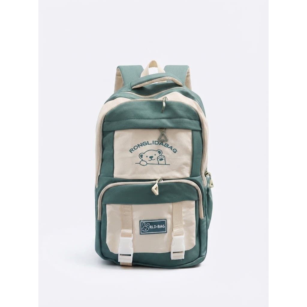 Mochila Escolar Juvenil Unissex Estilo Casual com Estampa de Ursinho e Bolsos Utilitários