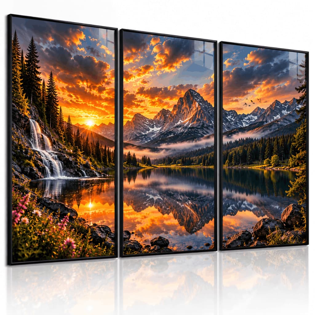 Kit 3 Quadros Paisagem Montanhas Lago Cachoeira Pôr do Sol Decorativo MDF Queimado Envio Rápido