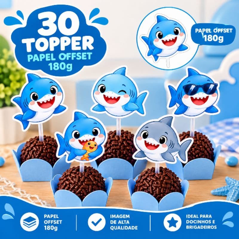 Topper de Docinhos Tubarão Fofo 30 Unidades Festa Infantil Aniversário Fundo do Mar