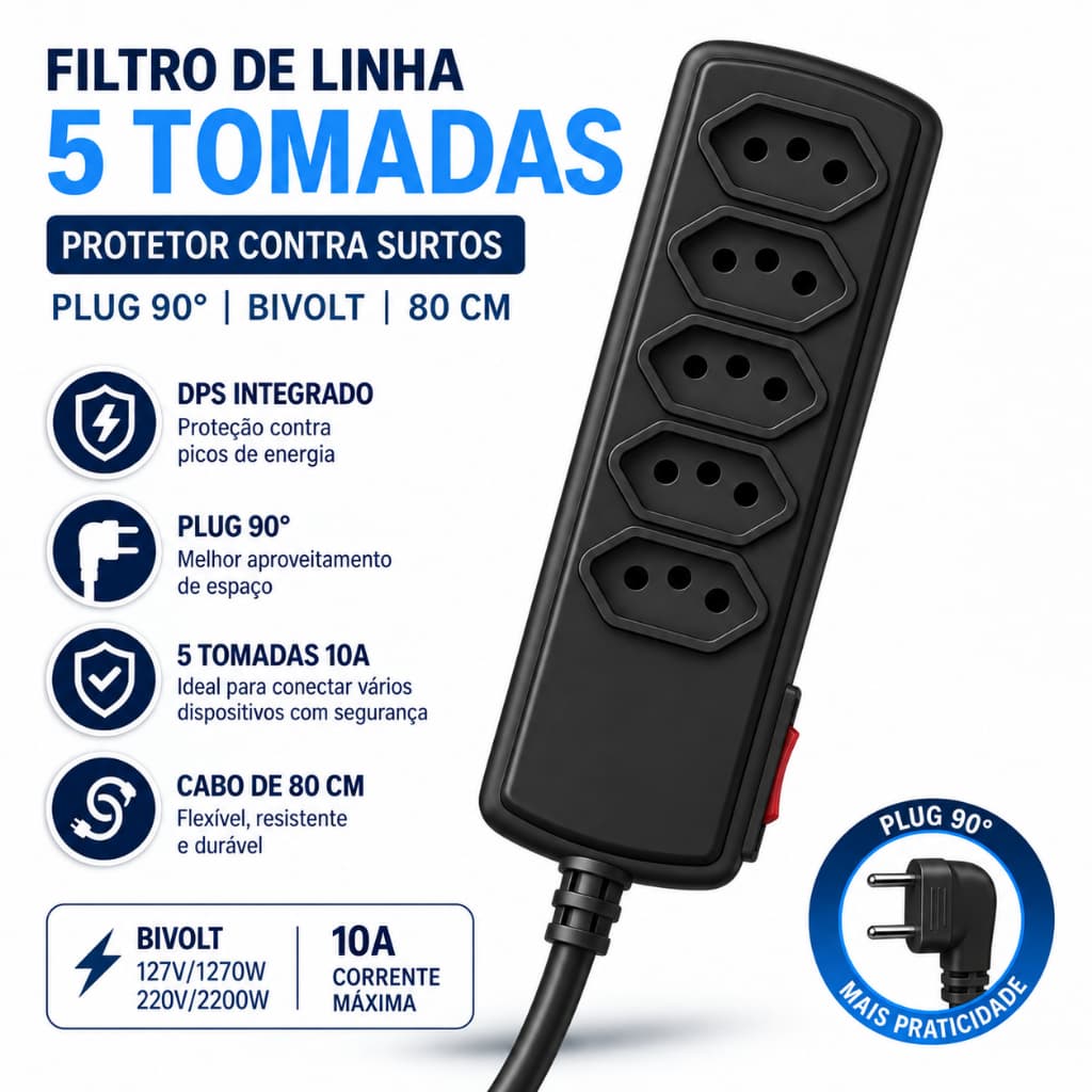 Filtro de Linha Preto 5 Tomadas Proteção contra Surtos Elétricos DPS para PC plug 90 graus 10 Amperes