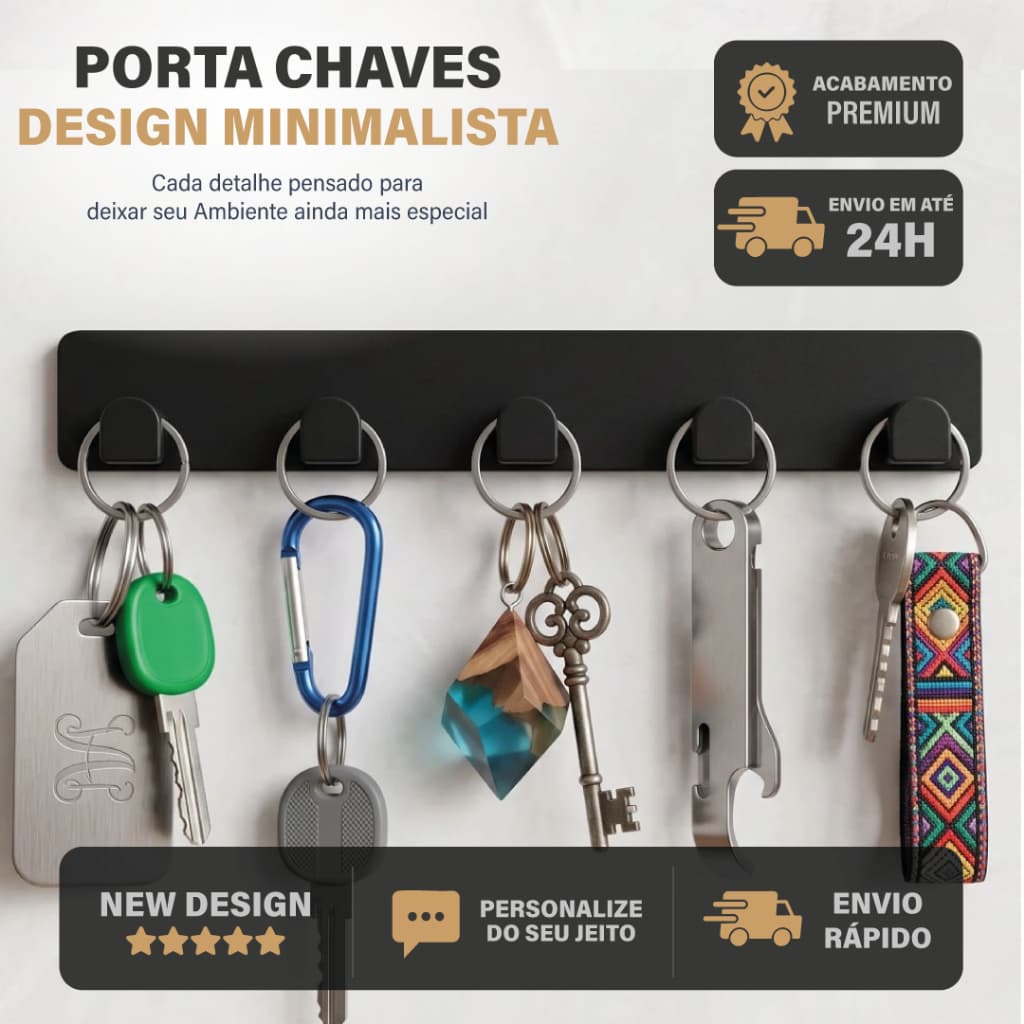 Porta Chaves de Parede 5 Ganchos Adesivo Dupla Face Sem Furo Organizador Minimalista Moderno