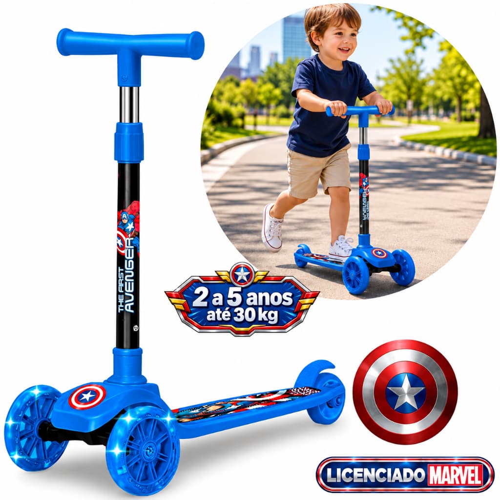 Patinete Infantil Capitão América, Skate 3 Rodas, Marvel Avengers, c/ LED, Altura Ajustável, Crianças +3 Anos até 30Kg