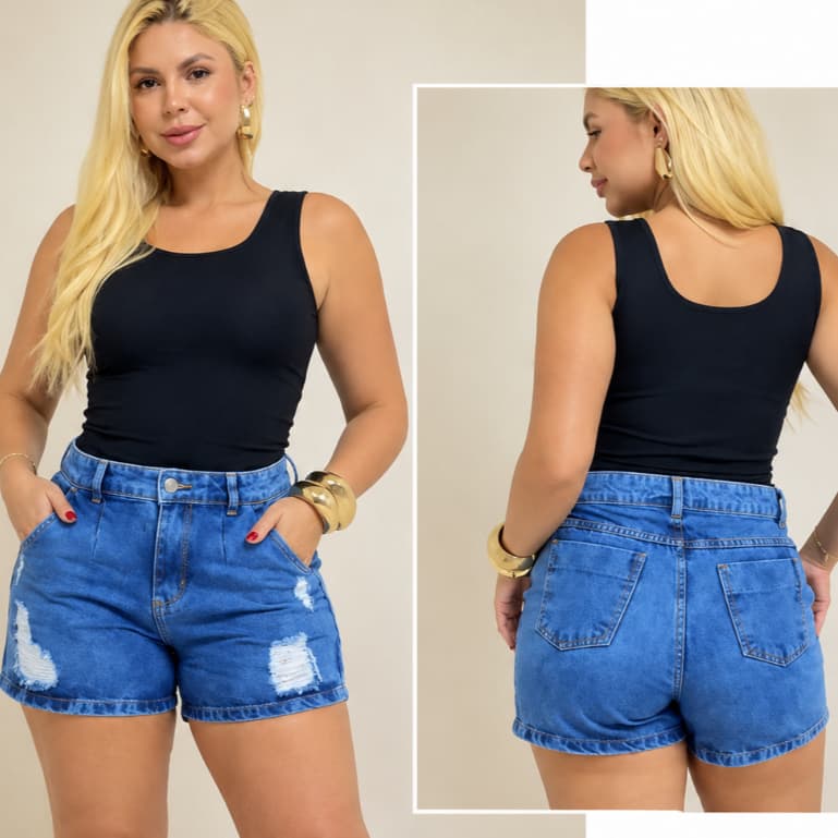 Short Jeans Mom Feminino Boyfriend Cintura Alta Destroyed Rasgado