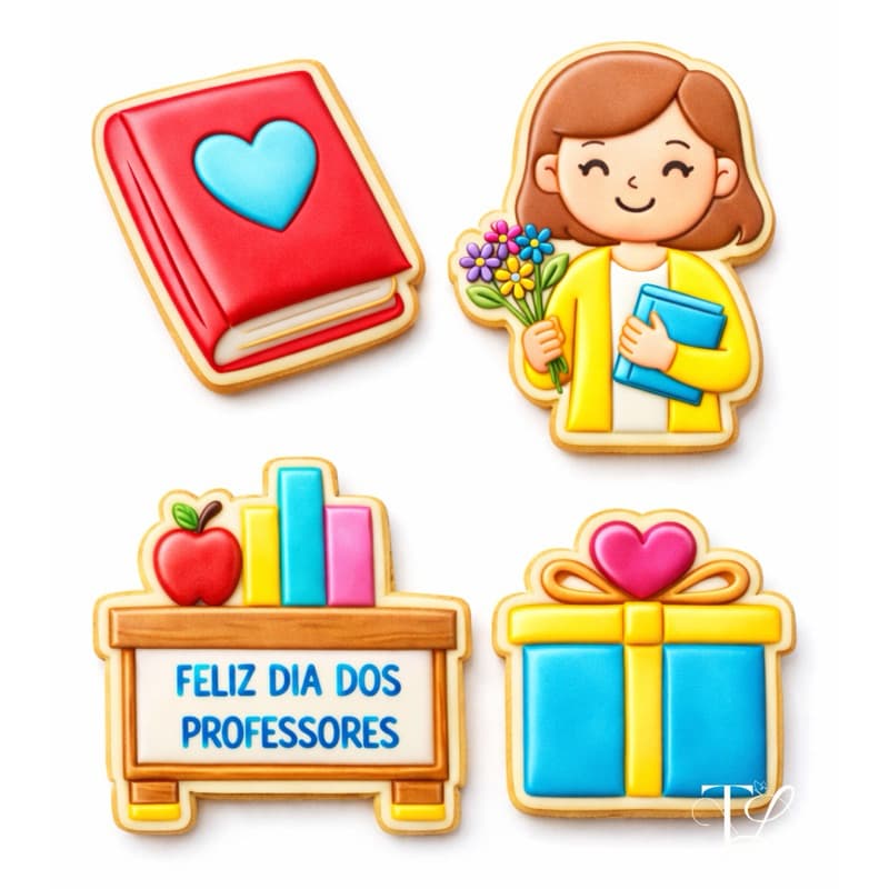 Dia dos professores Cortador e Carimbo de Biscoito 8cm, 4 peças Artigo de Confeiteiro, Professora, Livro, Presente!