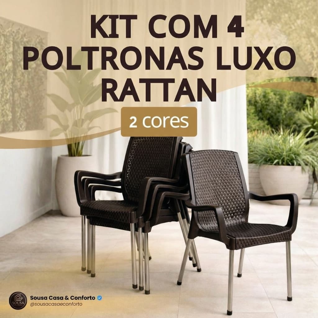 Kit 4 Poltrona Reforçada Rattan Luxo com Braço UV Empilhável 160kg Aço Cromado Qualquer Ambiente