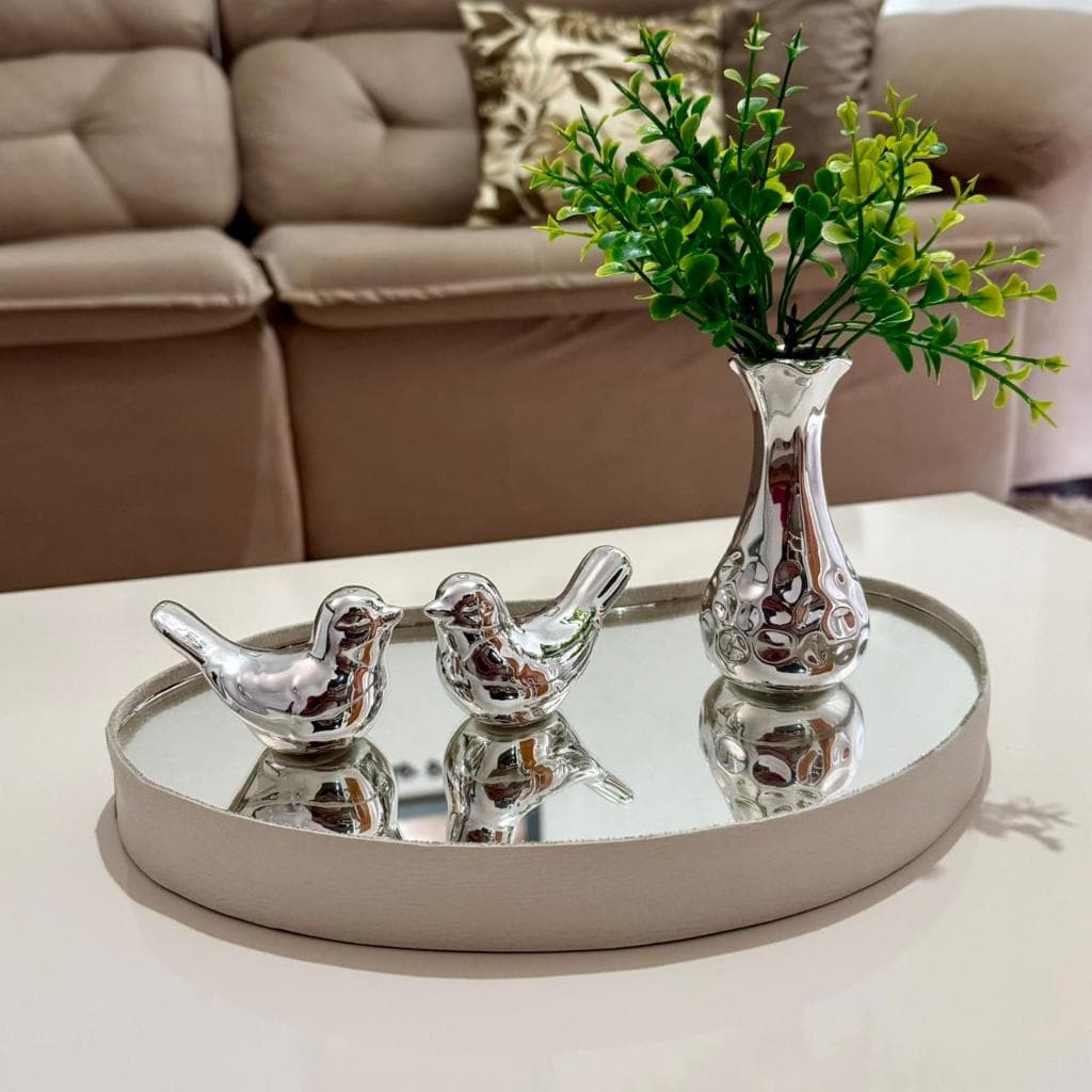 Bandeja Espelhada Borda de Couro Moderna Decoração Banheiro Lavabo Sala Aparador