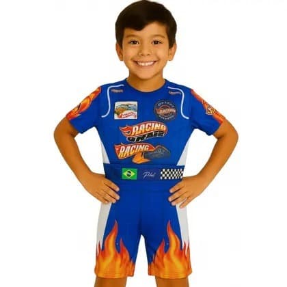 Fantasia Infantil Macacão Piloto de Corrida Azul com Estampa Esportiva