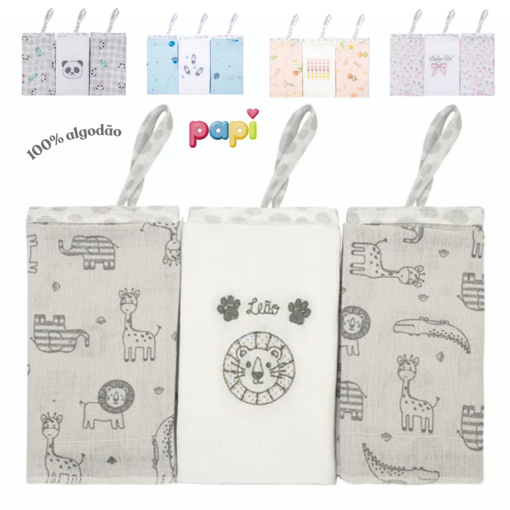Kit 3 Panos de Boca Bebe Com Prendedor de Chupeta 38 x 38cm Fralda Babete 100% Algodão Papi Bordado Fraldinha