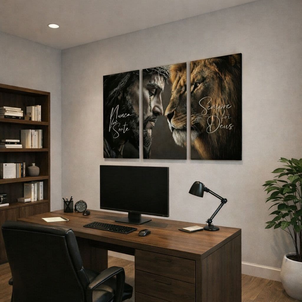 Kit 3 Quadros Qualidade Premium Motivacionais Sala Quarto Nunca Foi Sorte Sempre Foi Deus Leão Judá