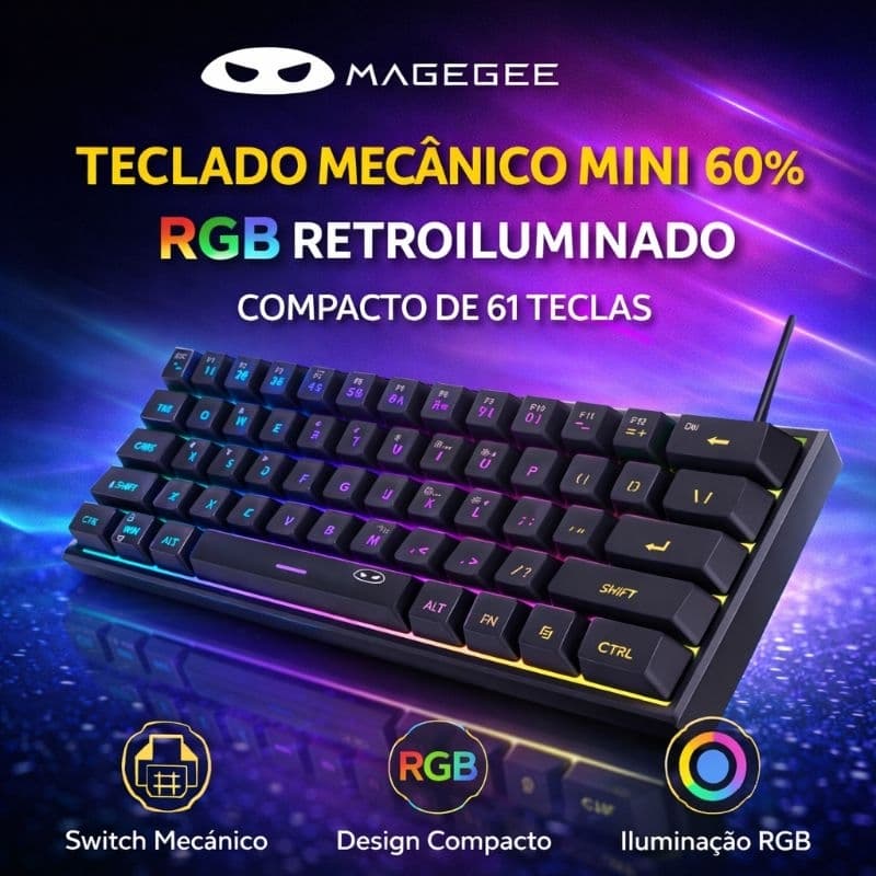 Teclado Gamer MageGee Mini 60% RGB 61 Teclas Compacto com Fio