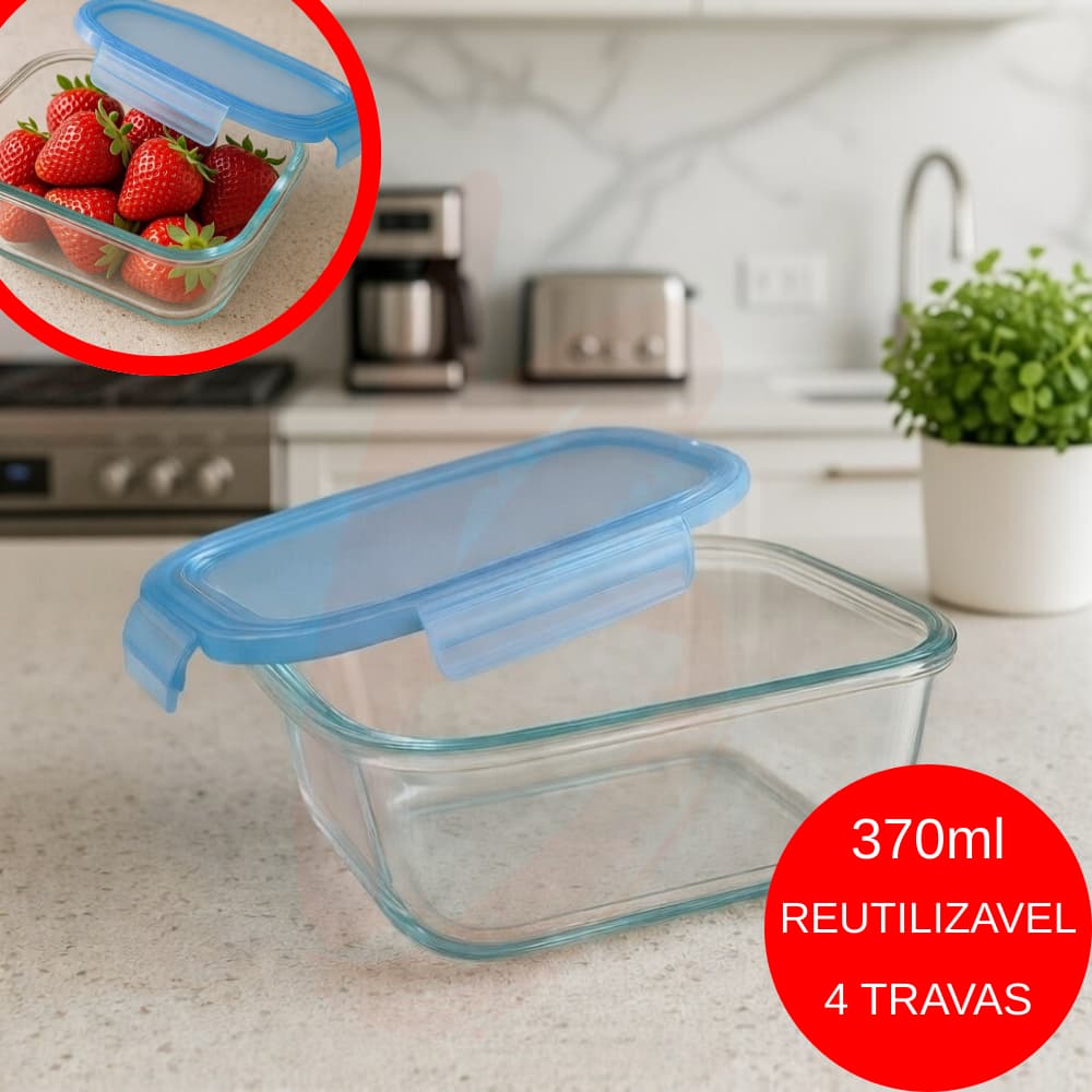Pote Marmita Vidro 370ml Hermético Mantimentos com Tampa Microondas 4 Travas Reutilizável Congelador