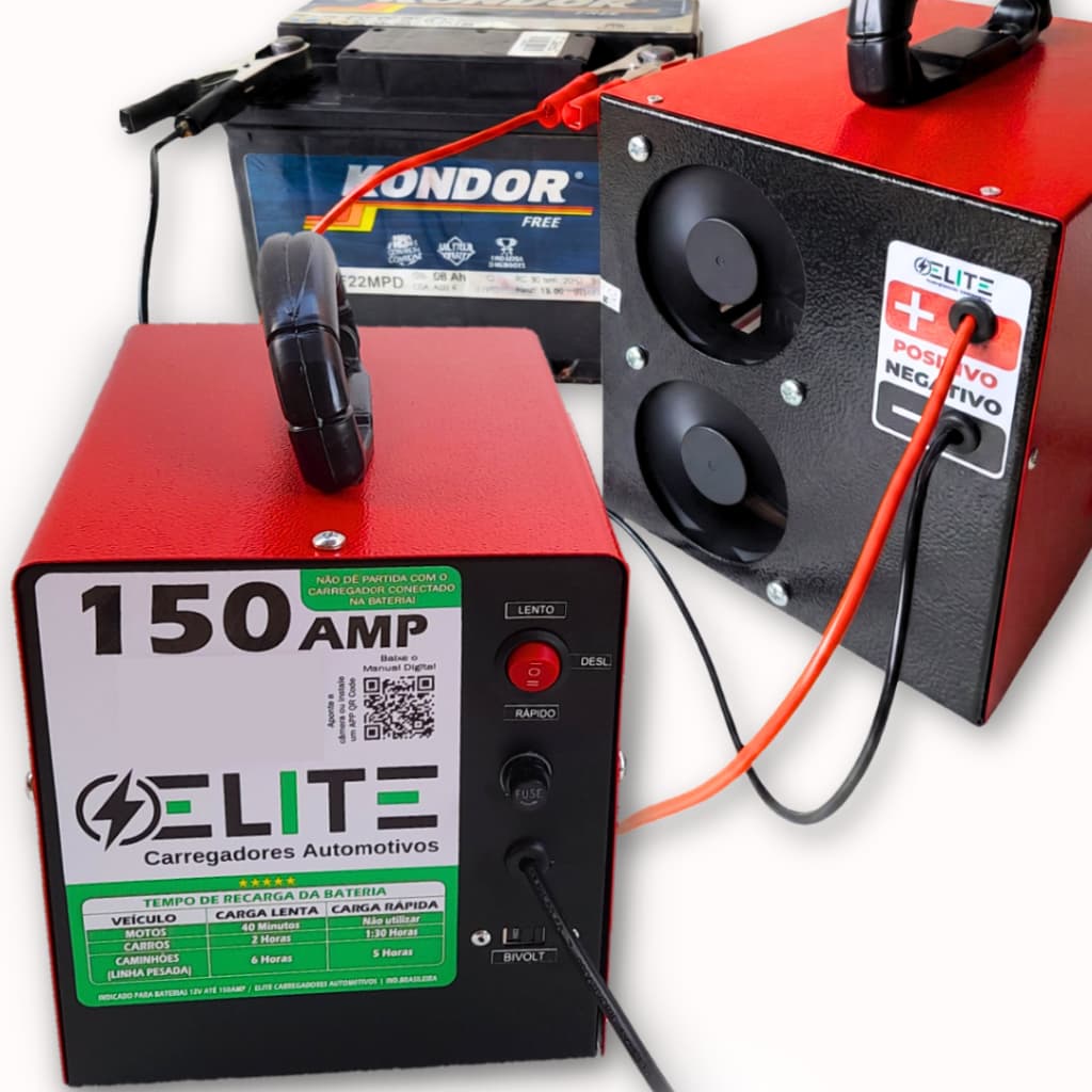 Carregador de Bateria 12V Turbo Velocidade Baterias 150Amp Automotivo BIVOLT  Forçada Linha Pesada