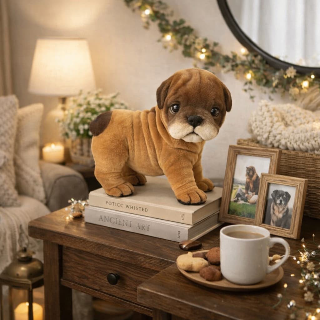 Estatua Decorativa Cachorro Pug Em Gesso Flocado E Camurça Marrom-claro