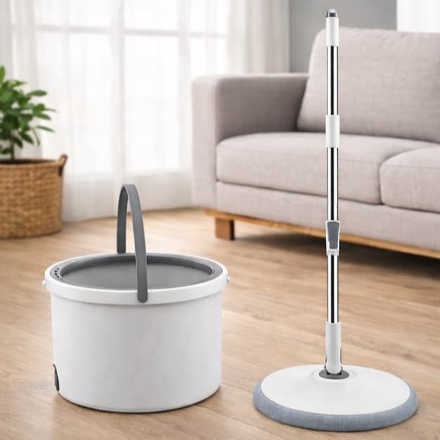 Balde Mop 360° Giratório Com Separador De Água Limpeza Geral Redondo + 2 Refis  - Branco