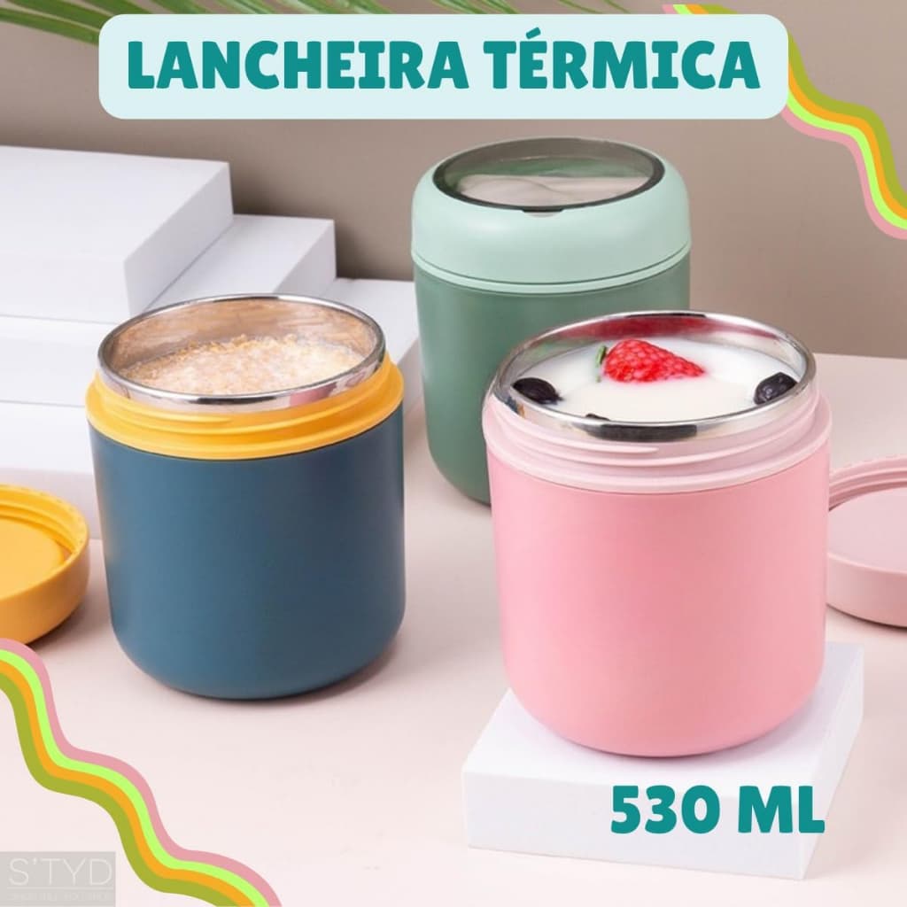 Marmita Térmica Lancheira 530ml Pote Térmico Quente ou Frio De Aço Inoxidável Com Talheres Cor Azul