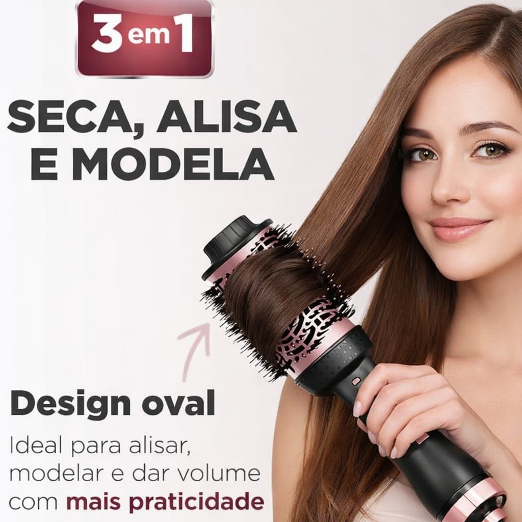 Escova Secadora 3 em 1 1300W Bivolt Profissional Alisa Seca Modela Anti Frizz