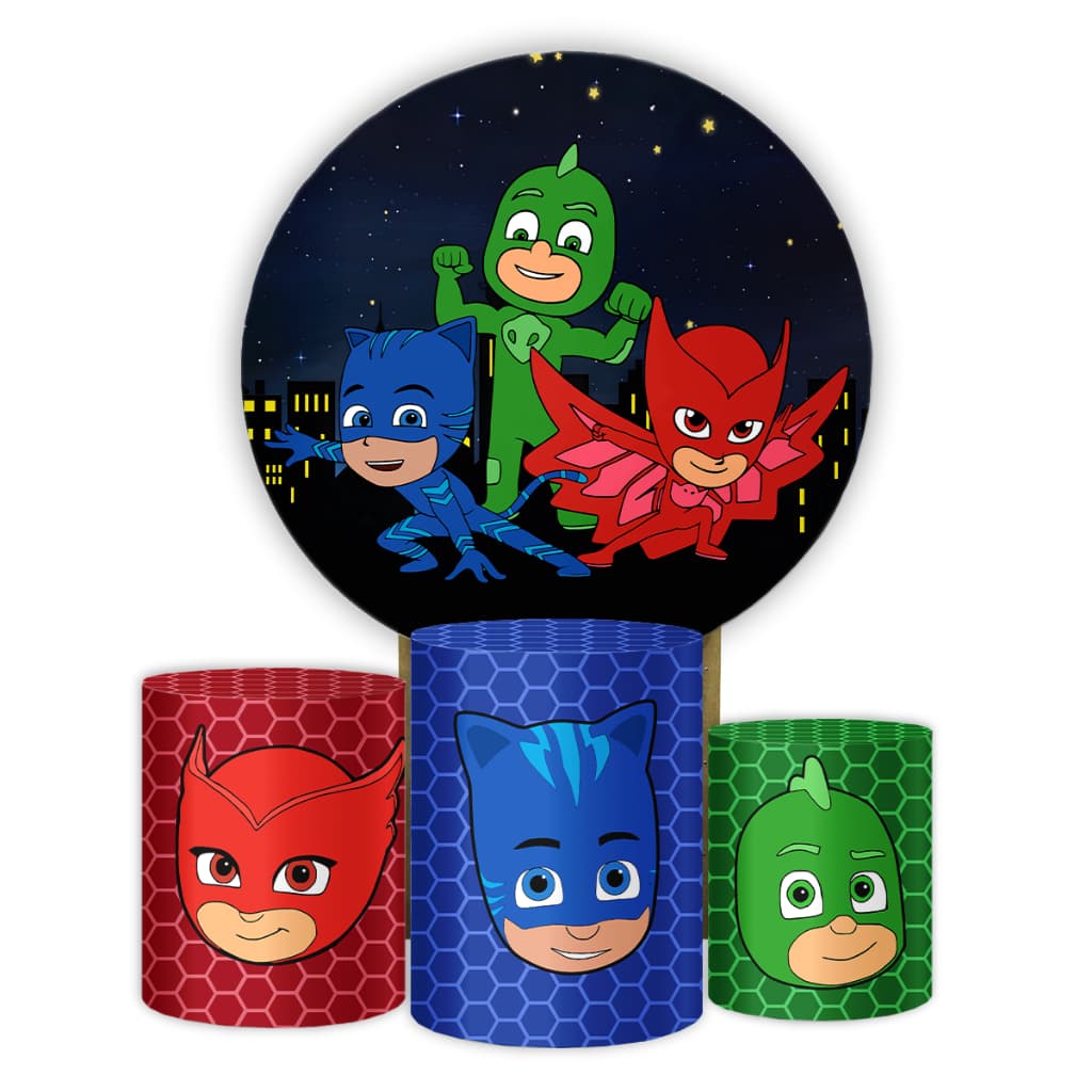 Kit Pegue Monte Decoração de Aniversário PJ Masks Capa 3 Cilindros Capa Painel Grande Veste Fácil