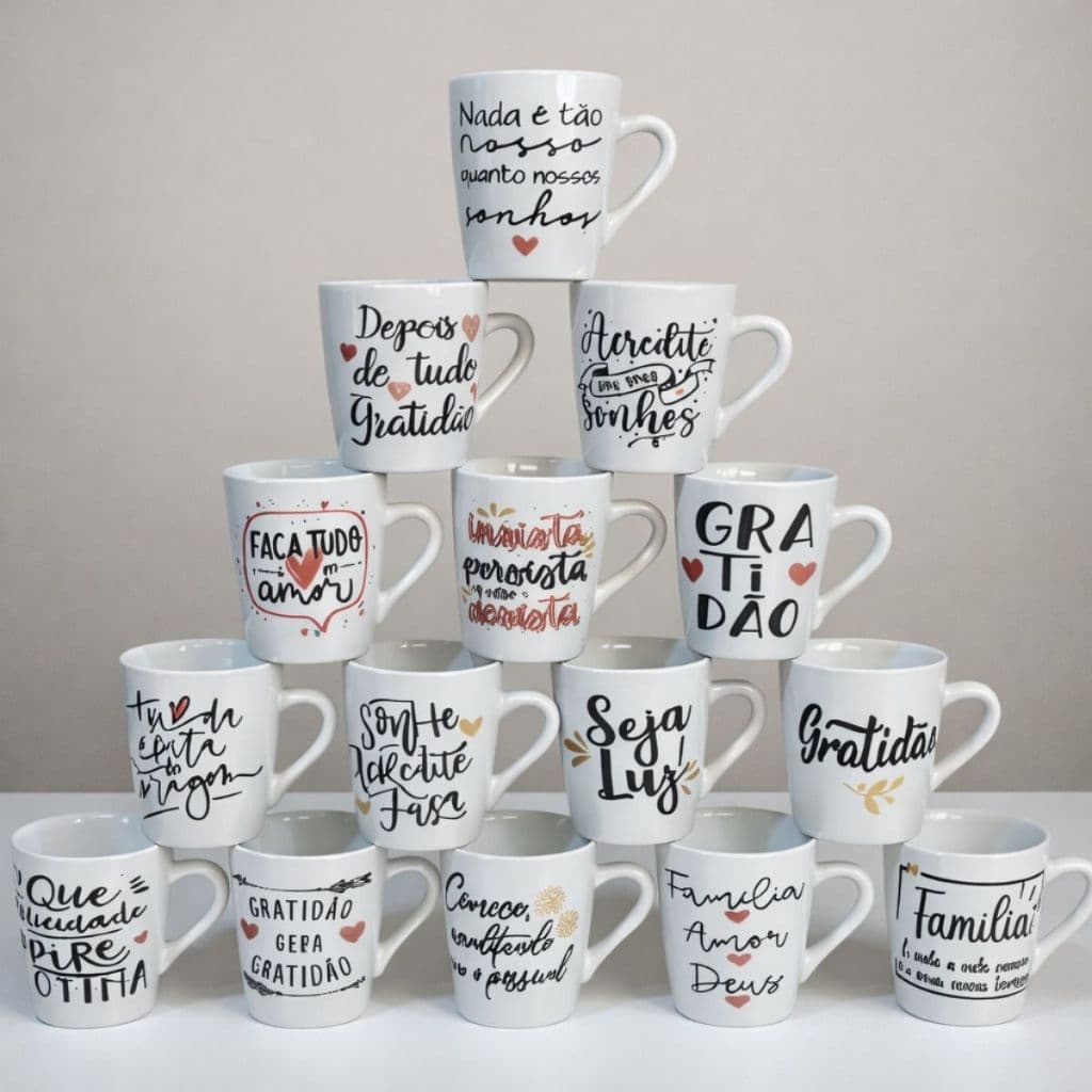 Jogo Xicara Frases Família 120ml Chá Café Caneca Porcelana Presente Personalizado Gratidão Amor
