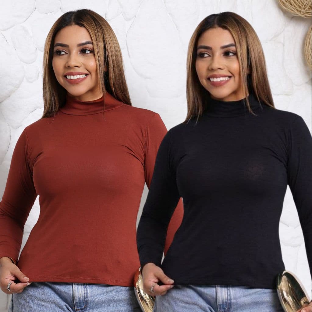 Kit 2 Blusas Gola Alta Feminina Manga Longa Básica Elegante